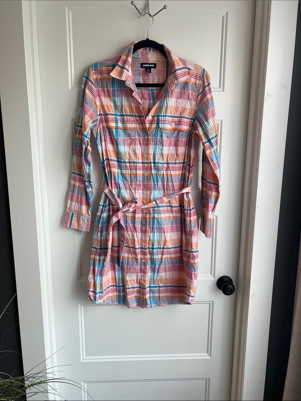 Lands' End Plaid Button-Front Shirt Dress in Pink and Blue with pockets